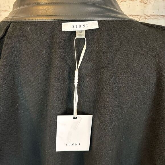 Sioni Faux Leather Trim Longline Cardigan Sweater Black Button Down Womens 1X - Picture 5 of 6